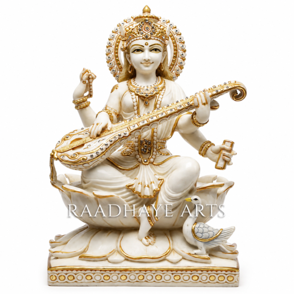 Golden White Marble Saraswati Veena Murti